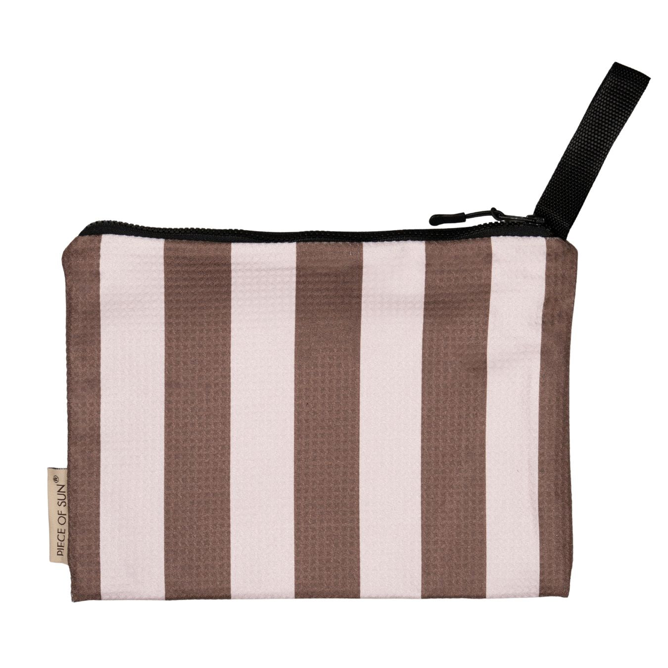 Bruin-beige gestreept etui met ritssluiting van Piece of Sun. Gemaakt van lichtgewicht, zandvrij microvezel. Handig voor stranddagen.