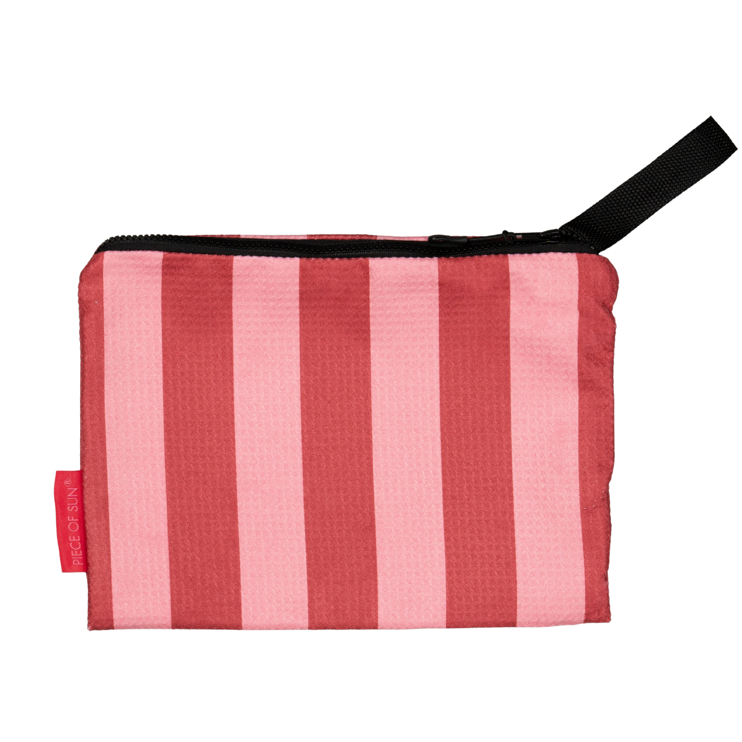 Etui met donkerroze en lichtroze strepen van Piece of Sun, gemaakt van microvezel met wafelstructuur. Perfect om je zonnebrand of natte bikini in op te bergen.