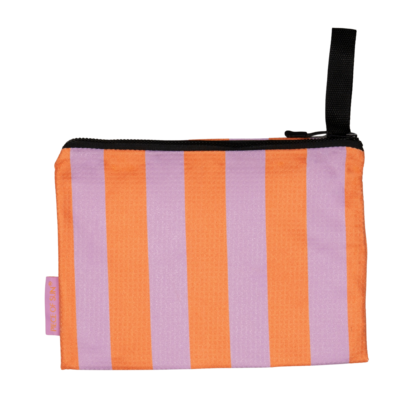 Compact opvouwbaar etui in lila-oranje strepen van Piece of Sun, gemaakt van gerecycled materiaal. Ideaal voor onderweg naar het strand.