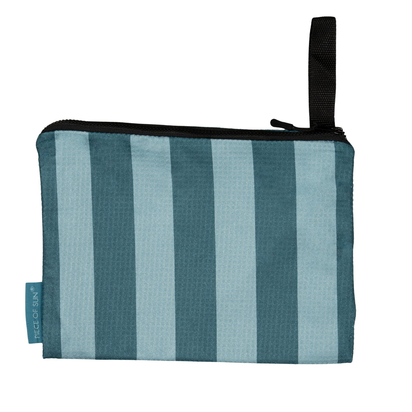 Turquoise-petrol gestreept etui van Piece of Sun, gemaakt van 85% gerecycled microvezel met wafelstructuur. Duurzaam én stijlvol.