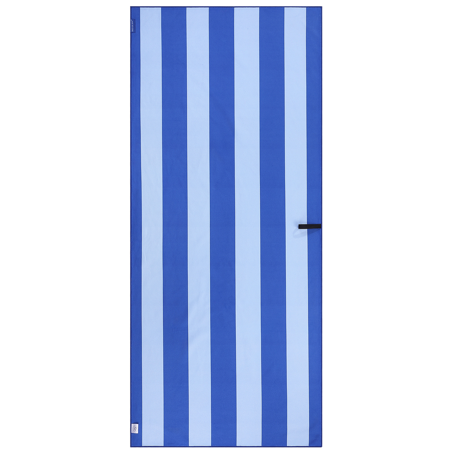 Piece of Sun beach towel met brede blauw en lichtblauwe strepen – duurzaam, sneldrogend en zandvrij strandlaken van microvezel met wafelstructuur.