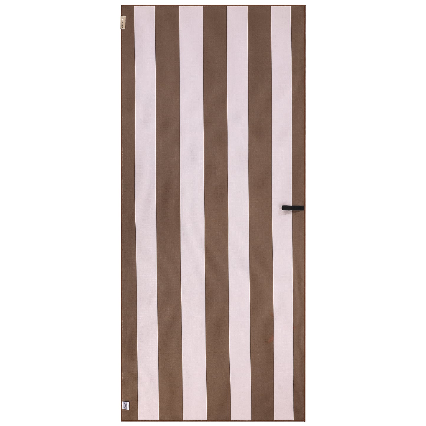 Strandlaaken van Piece of Sun met verticale strepen in beige en wit. Gemaakt van 85% gerecycled microvezel, lichtgewicht, sneldrogend en zandvrij – een stijlvolle en duurzame keuze voor strand, sauna of vakantie.