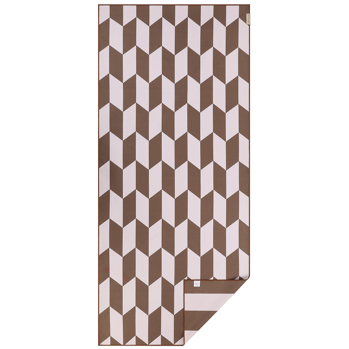 Luxe microvezel strandlaken van Piece of Sun met geometrisch patroon in beige en wit. Duurzaam geproduceerd van 85% gerecycled materiaal, sneldrogend, lichtgewicht en ideaal als grote strandhanddoek of saunadoek.