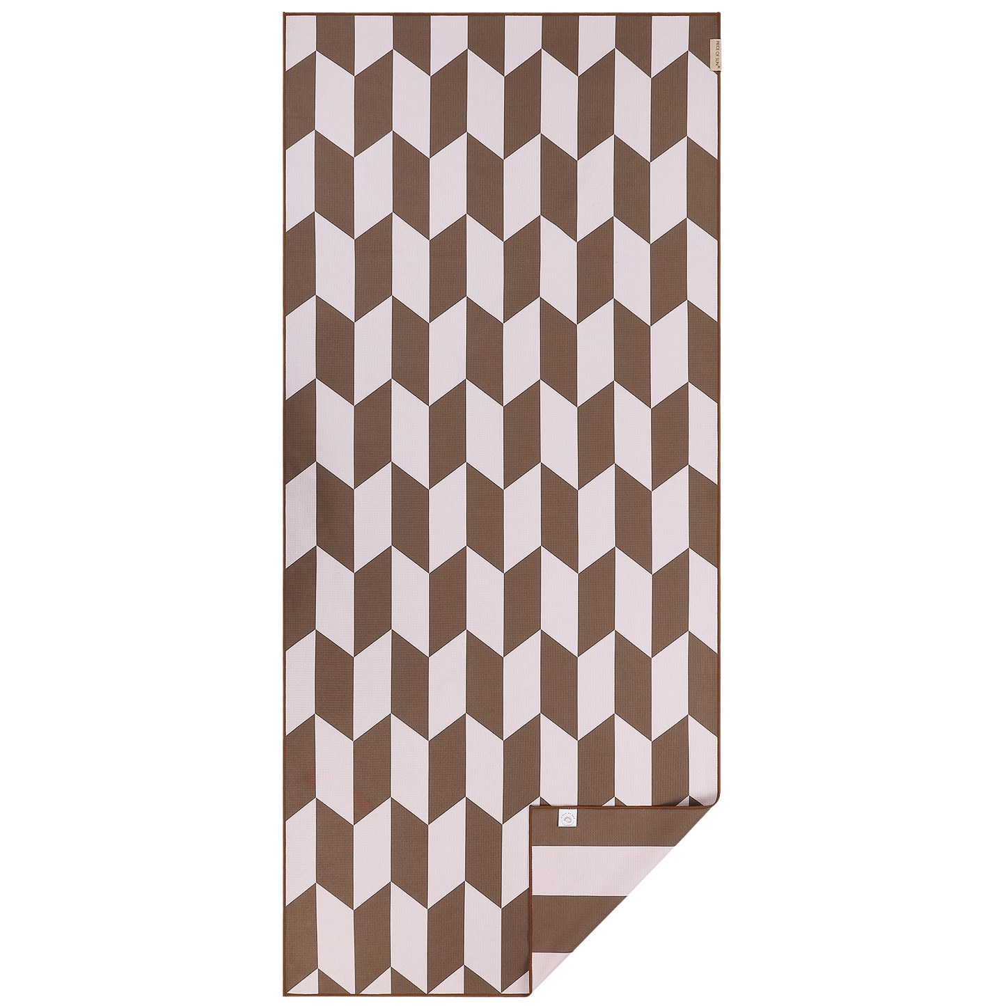 Luxe microvezel strandlaken van Piece of Sun met geometrisch patroon in beige, bruin en wit. Duurzaam geproduceerd van 85% gerecycled materiaal, sneldrogend, lichtgewicht en ideaal als grote strandhanddoek of saunadoek.