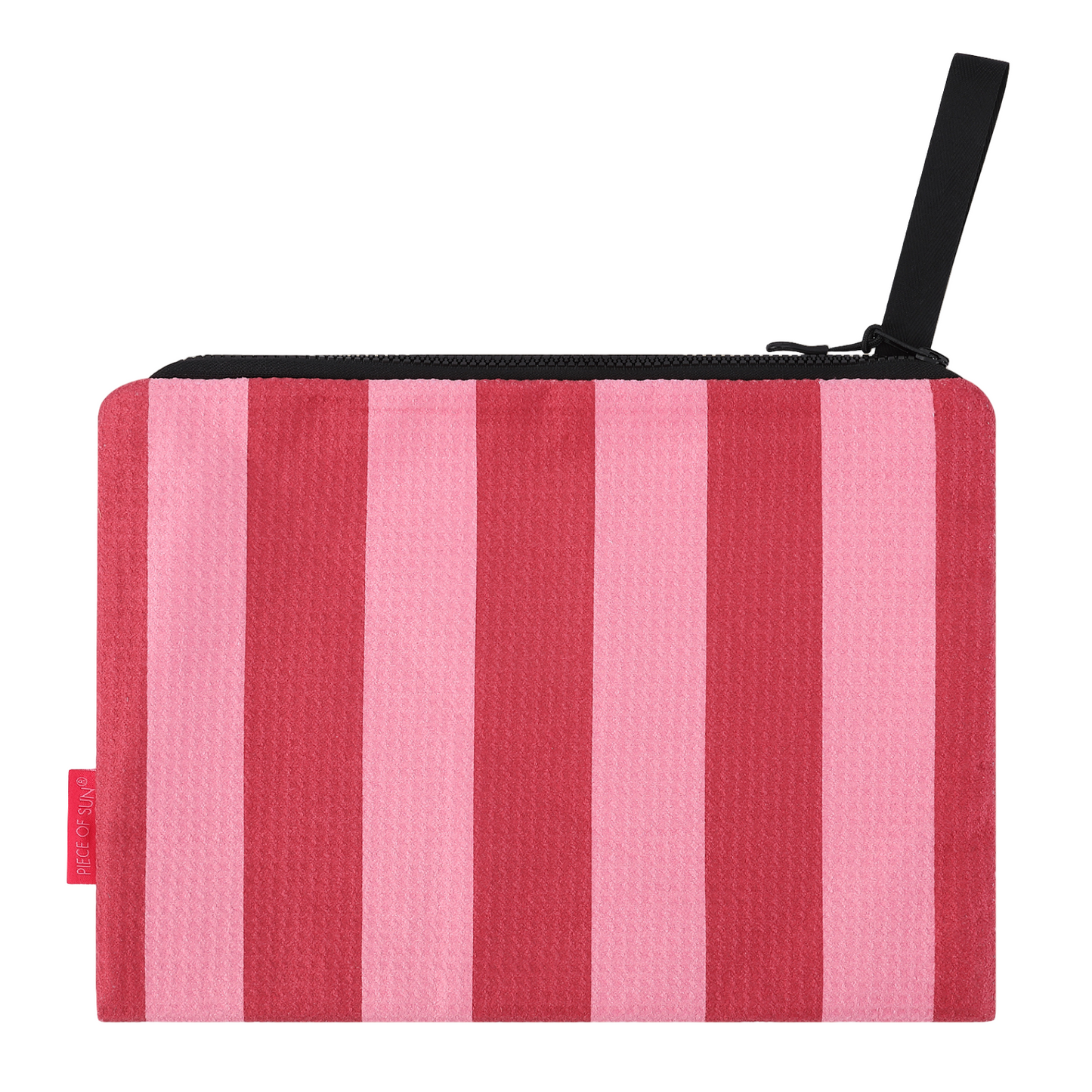 Roze gestreepte microvezel pouch van Piece of Sun® met handige rits. Compact, duurzaam en gemaakt van 85% gerecycled materiaal – ideaal voor make-up, zonnebrand of sleutels.