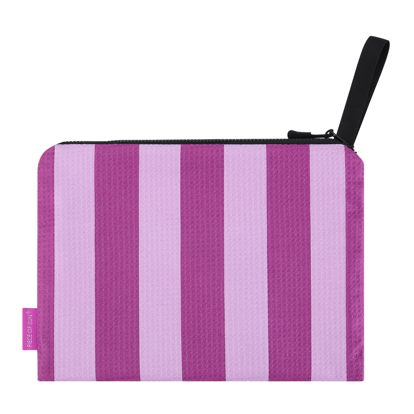 Modieuze pouch van Piece of Sun® met paars-lila strepen. Gemaakt van duurzame microvezel met wafelstructuur (85% gerecycled). Compact, lichtgewicht en ideaal als make-up tasje of reisaccessoire.