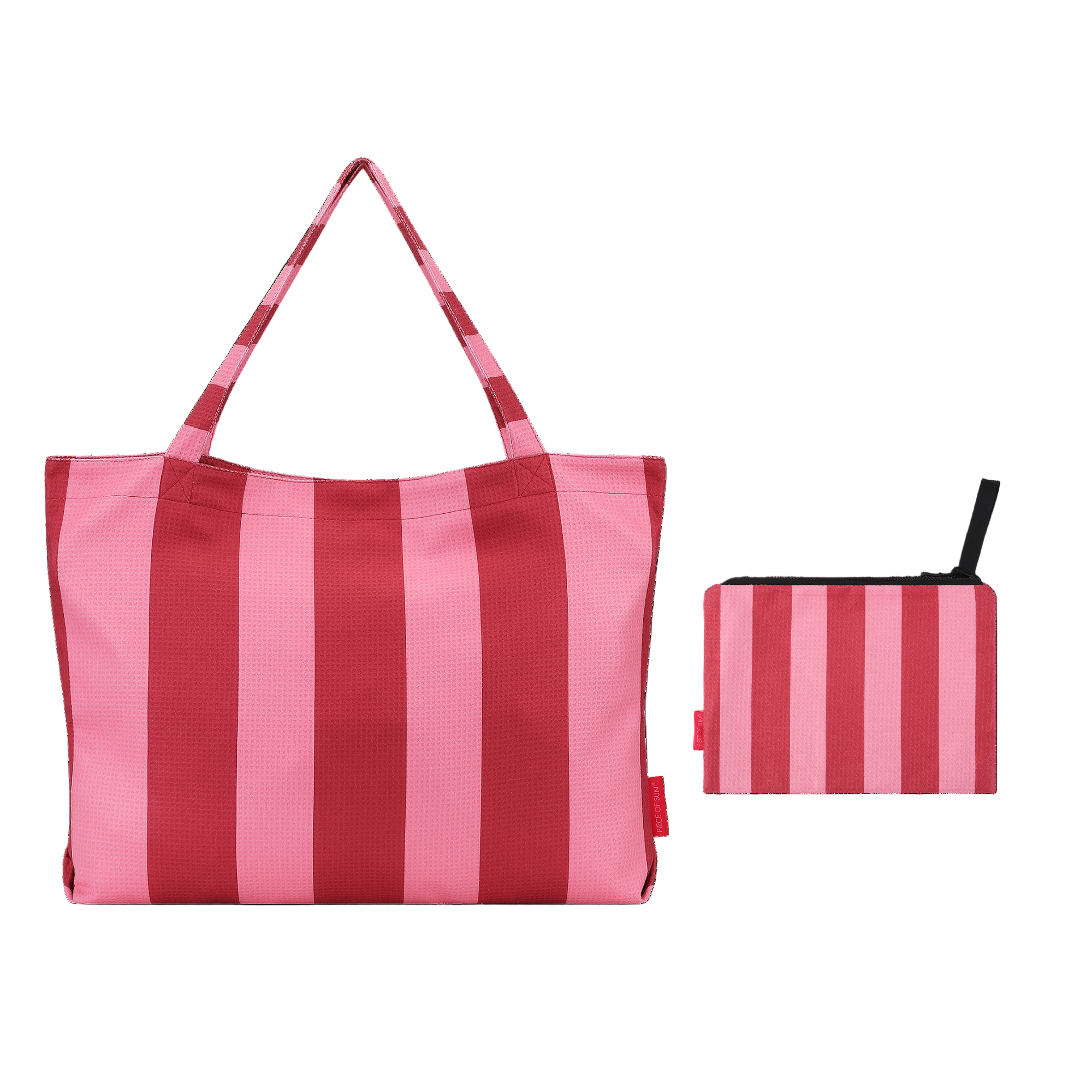 Roze-rode gestreepte strandtas met bijpassende pouch van Piece of Sun, duurzaam en compact ontwerp van gerecyclede microvezel