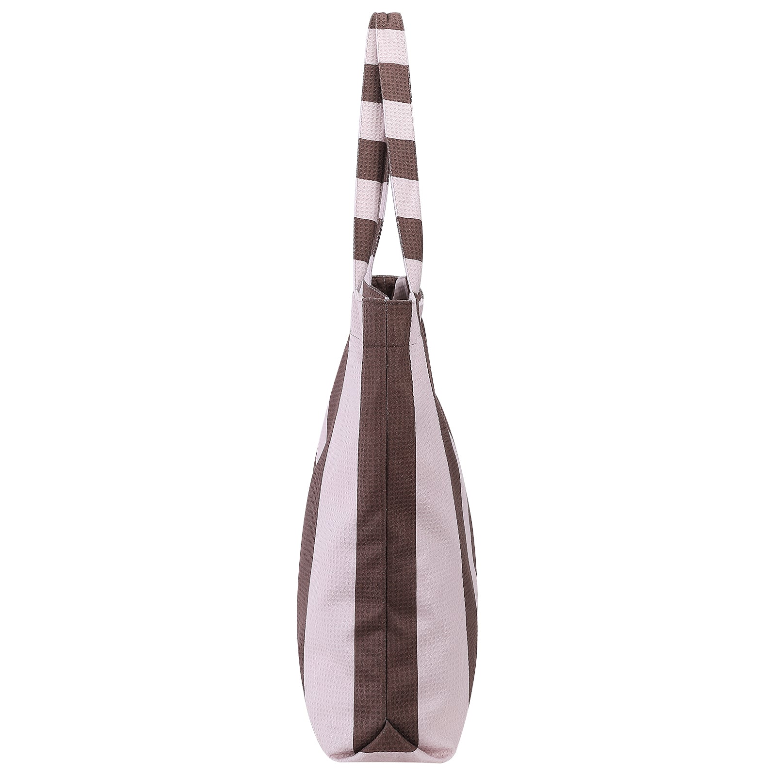 Grote zonne-tas in bruin en beige strepen, compact opvouwbaar en sandfree design van Piece of Sun.