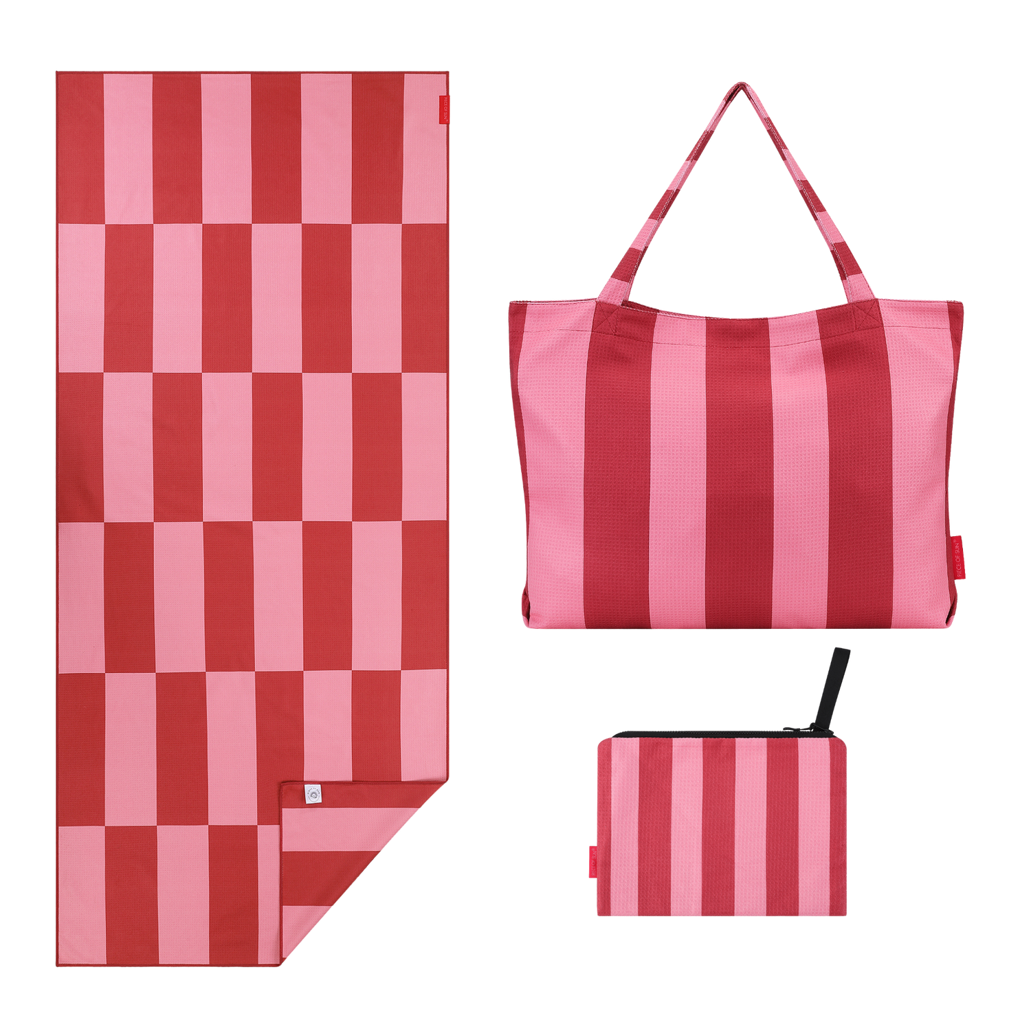 Roze strandset van Piece of Sun met strandlaken, tas en bijpassende beach pocket van gerecyclede microvezel.