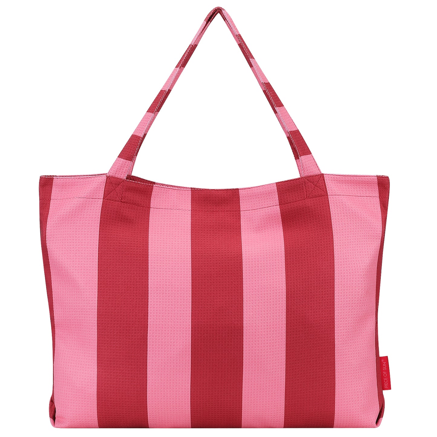 Piece of Sun strandtas in donkerroze en lichtroze strepen, duurzaam en gemaakt van 85% gerecycled microvezel.