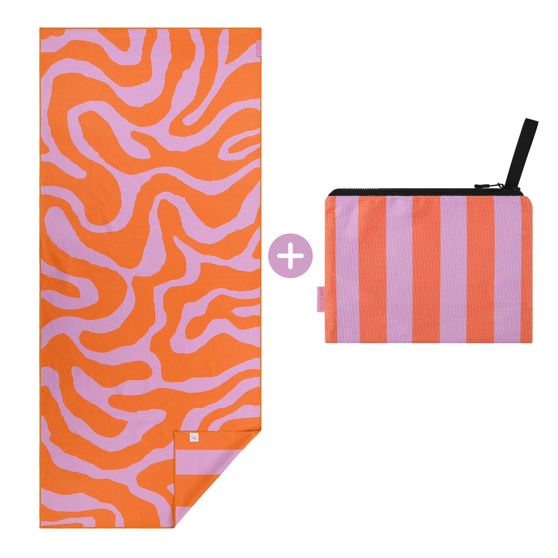 Bundel met oranje-lila beach towel van Piece of Sun met speels zebrapatroon en bijpassende beachpocket in oranje-lila strepen, sneldrogend, zandvrij en gemaakt van 85% gerecycled microvezelmateriaal.