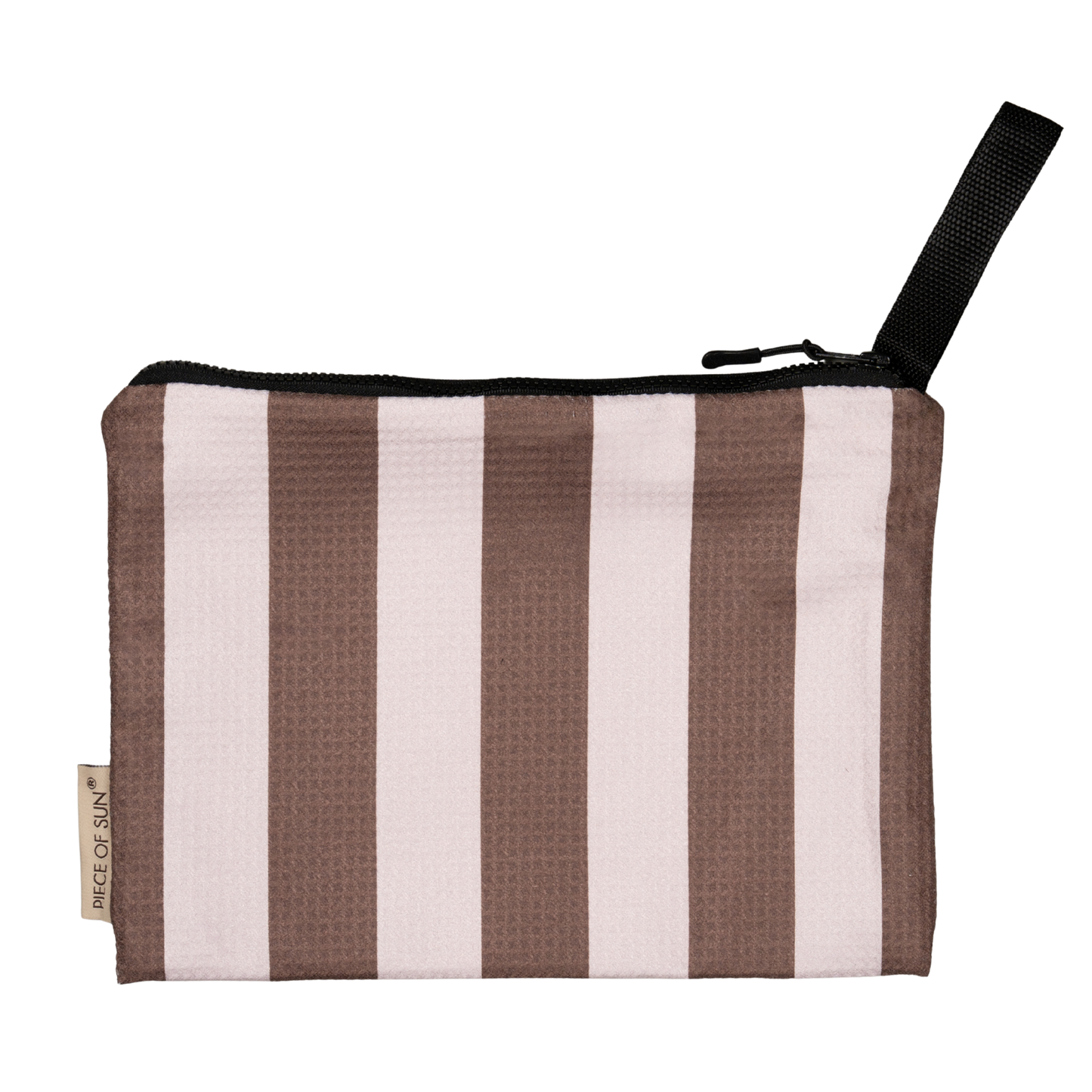 Bruin-beige gestreept etui met ritssluiting van Piece of Sun. Gemaakt van lichtgewicht, zandvrij microvezel. Handig voor stranddagen.