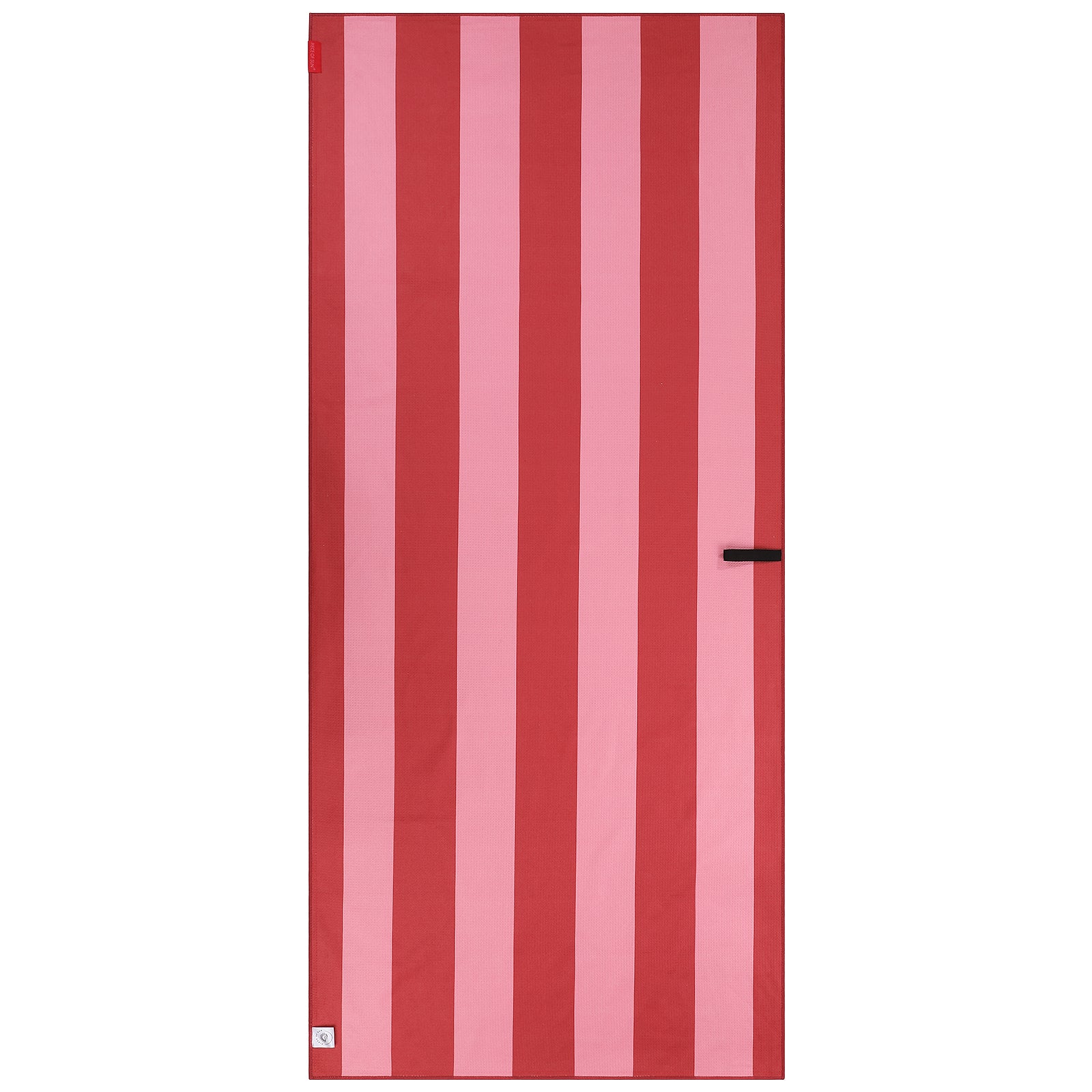 Microvezel strandlaken van Piece of Sun met roze en donkerroze verticale strepen. Luxe en lichtgewicht design, sneldrogend en zandvrij, gemaakt van 85% gerecyclede materialen – perfect als grote strandhanddoek of badlaken voor onderweg.
