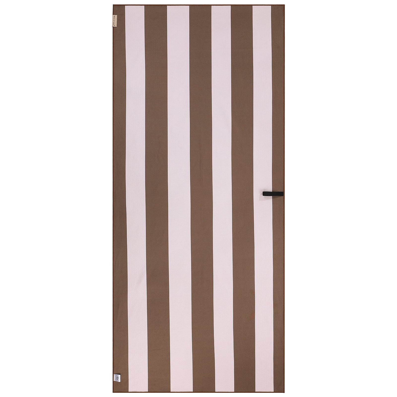 Strandlaaken van Piece of Sun met verticale strepen in beige en wit. Gemaakt van 85% gerecycled microvezel, lichtgewicht, sneldrogend en zandvrij – een stijlvolle en duurzame keuze voor strand, sauna of vakantie.
