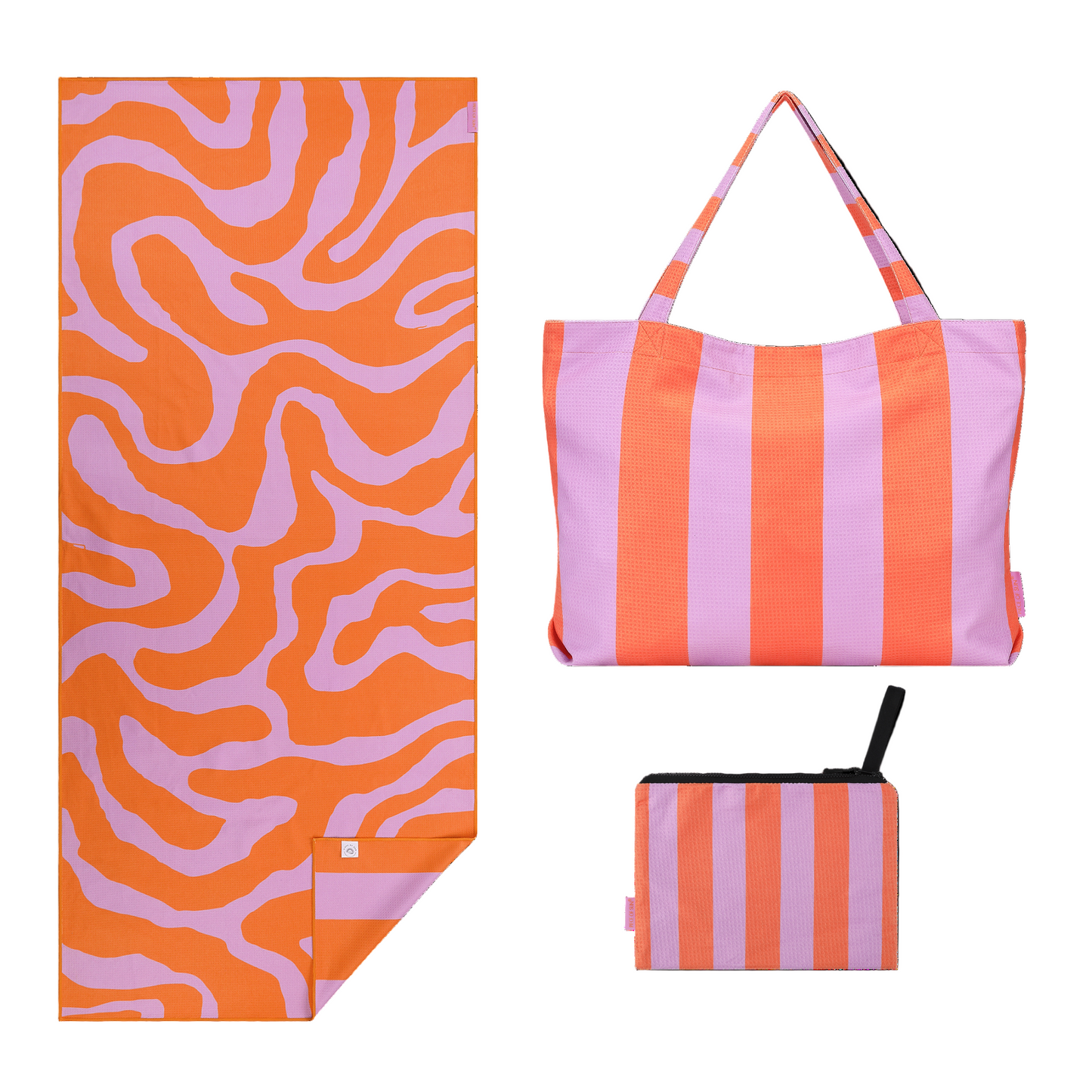 Lila-oranje strandset van Piece of Sun met dubbelzijdige handdoek, tas en pouch van gerecyclede microvezel