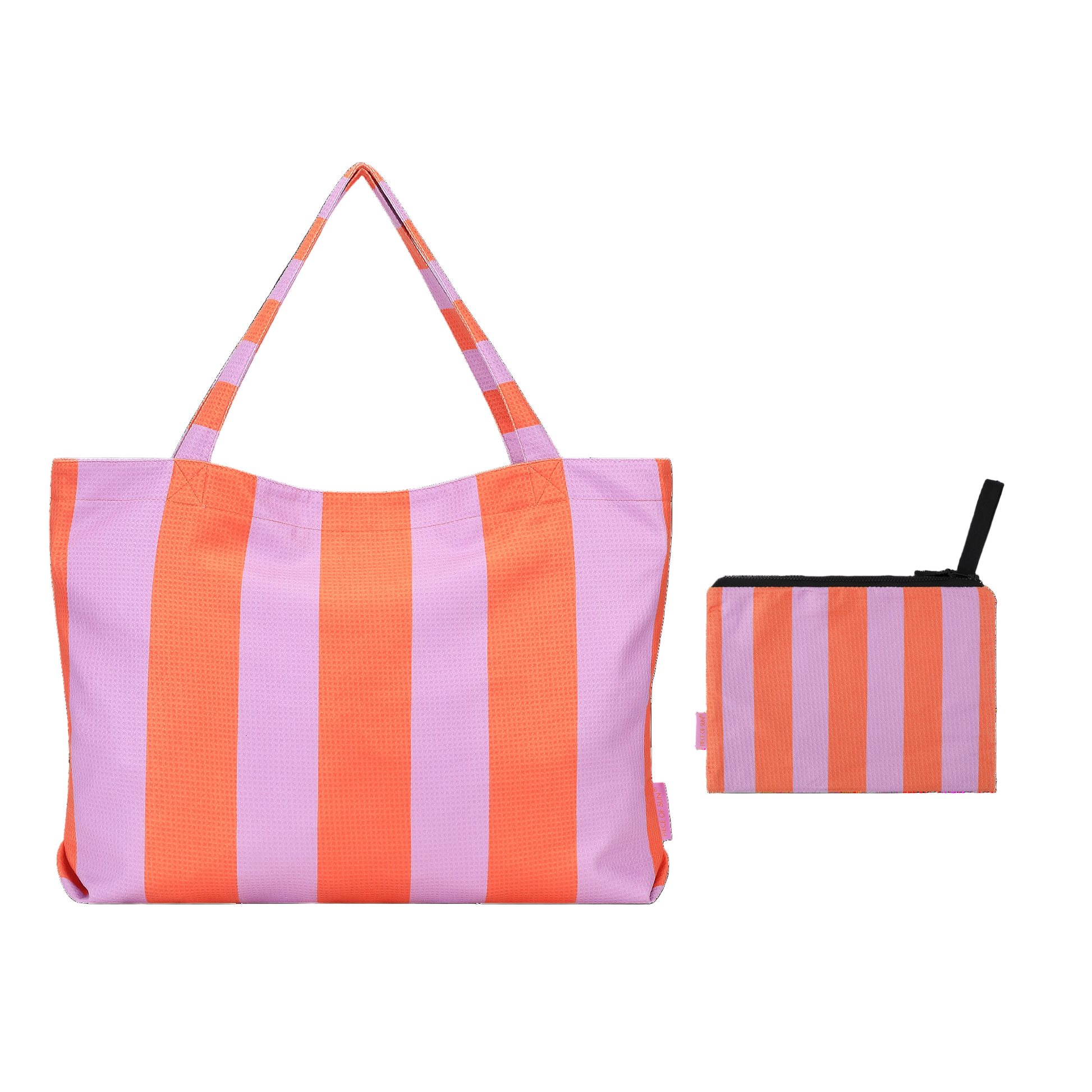 Lila-oranje gestreepte strandtas met pouch van Piece of Sun, sneldrogend en gemaakt van gerecyclede microvezel.
