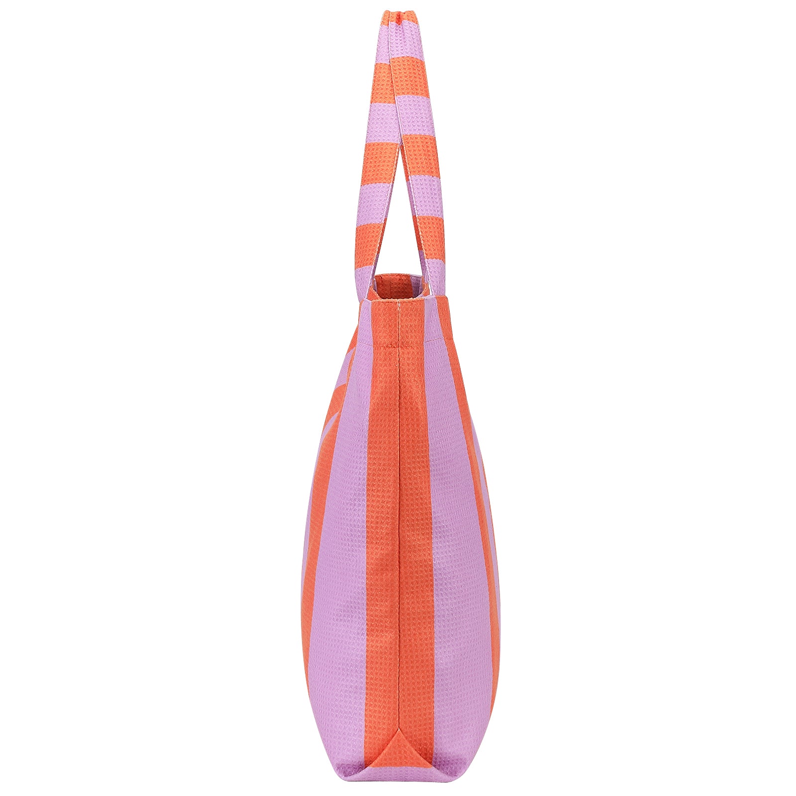 Duurzame beachbag in lila met oranje strepen, compact opvouwbaar en stijlvol design van Piece of Sun.